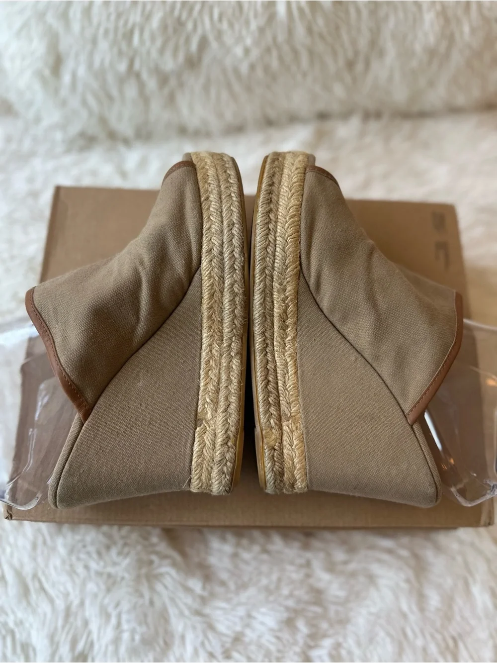 Tory Burch Agatha Canvas Espadrille Wedge Mule Sandals Tan Size 9.5 Peep Toe